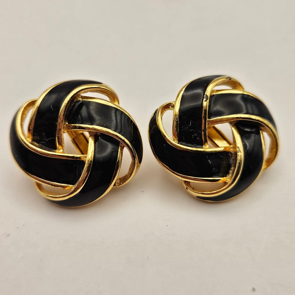 Napier Vintage Black Enamel Gold Tone Interlocking Knot Screw Back Clip Earrings